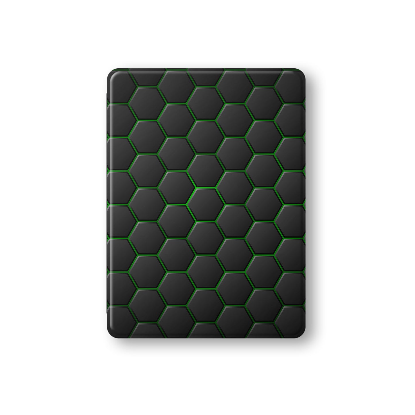 Emerald Pulse Apple iPad case with matte black and green geometric design, vegan Saffiano leather exterior, Apple Pencil holder and slim protective build.