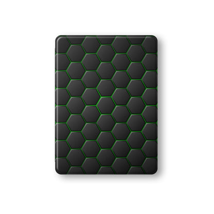Emerald Pulse Apple iPad case with matte black and green geometric design, vegan Saffiano leather exterior, Apple Pencil holder and slim protective build.