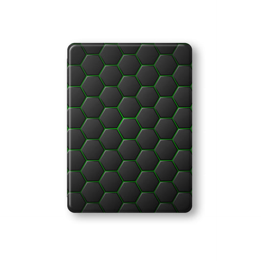Emerald Pulse Apple iPad case with matte black and green geometric design, vegan Saffiano leather exterior, Apple Pencil holder and slim protective build.