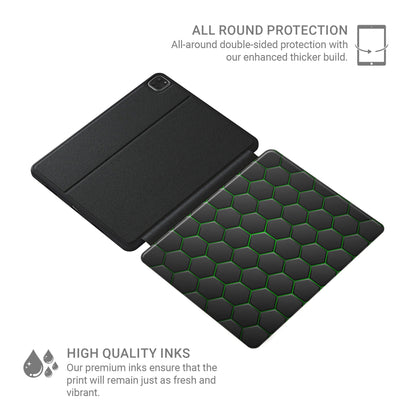 Emerald Pulse Apple iPad case with matte black and green geometric design, vegan Saffiano leather exterior, Apple Pencil holder and slim protective build.