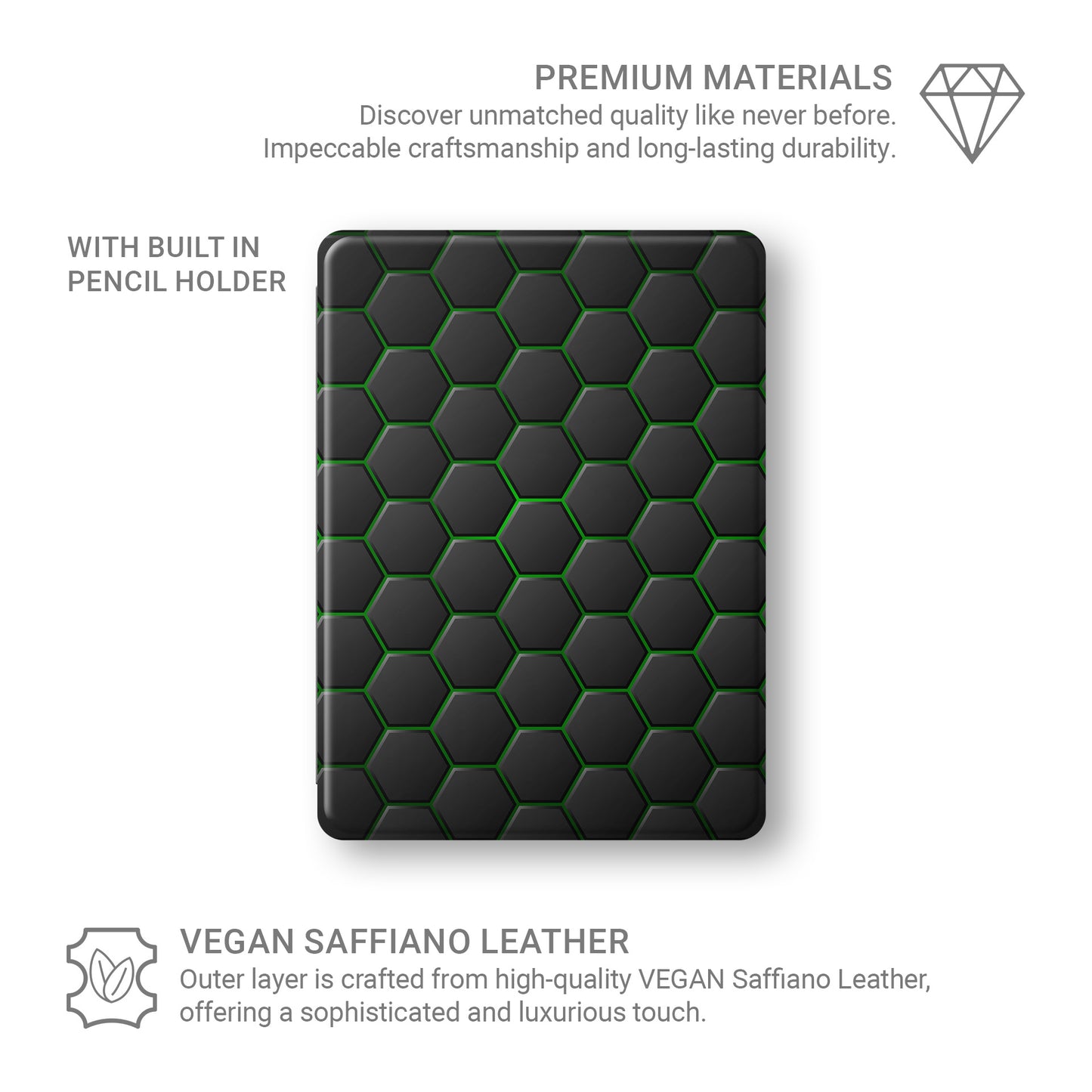 Emerald Pulse Apple iPad case with matte black and green geometric design, vegan Saffiano leather exterior, Apple Pencil holder and slim protective build.