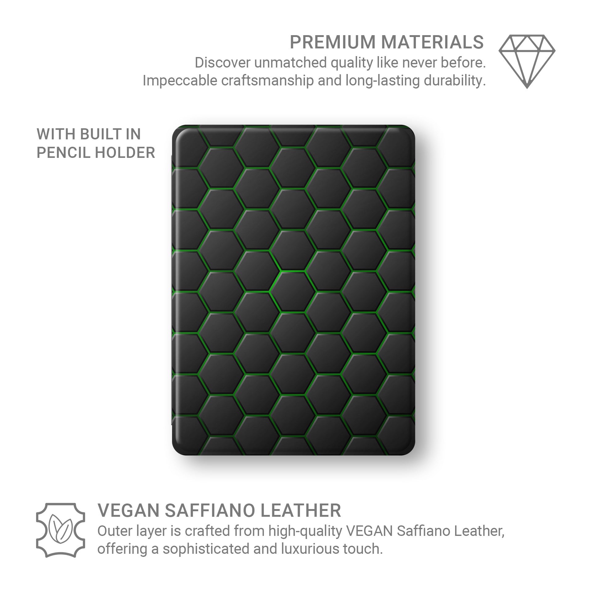 Emerald Pulse Apple iPad case with matte black and green geometric design, vegan Saffiano leather exterior, Apple Pencil holder and slim protective build.