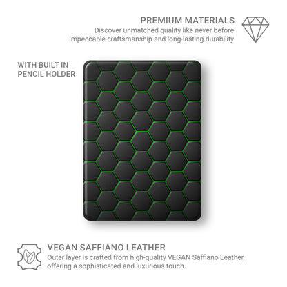 Emerald Pulse Apple iPad case with matte black and green geometric design, vegan Saffiano leather exterior, Apple Pencil holder and slim protective build.