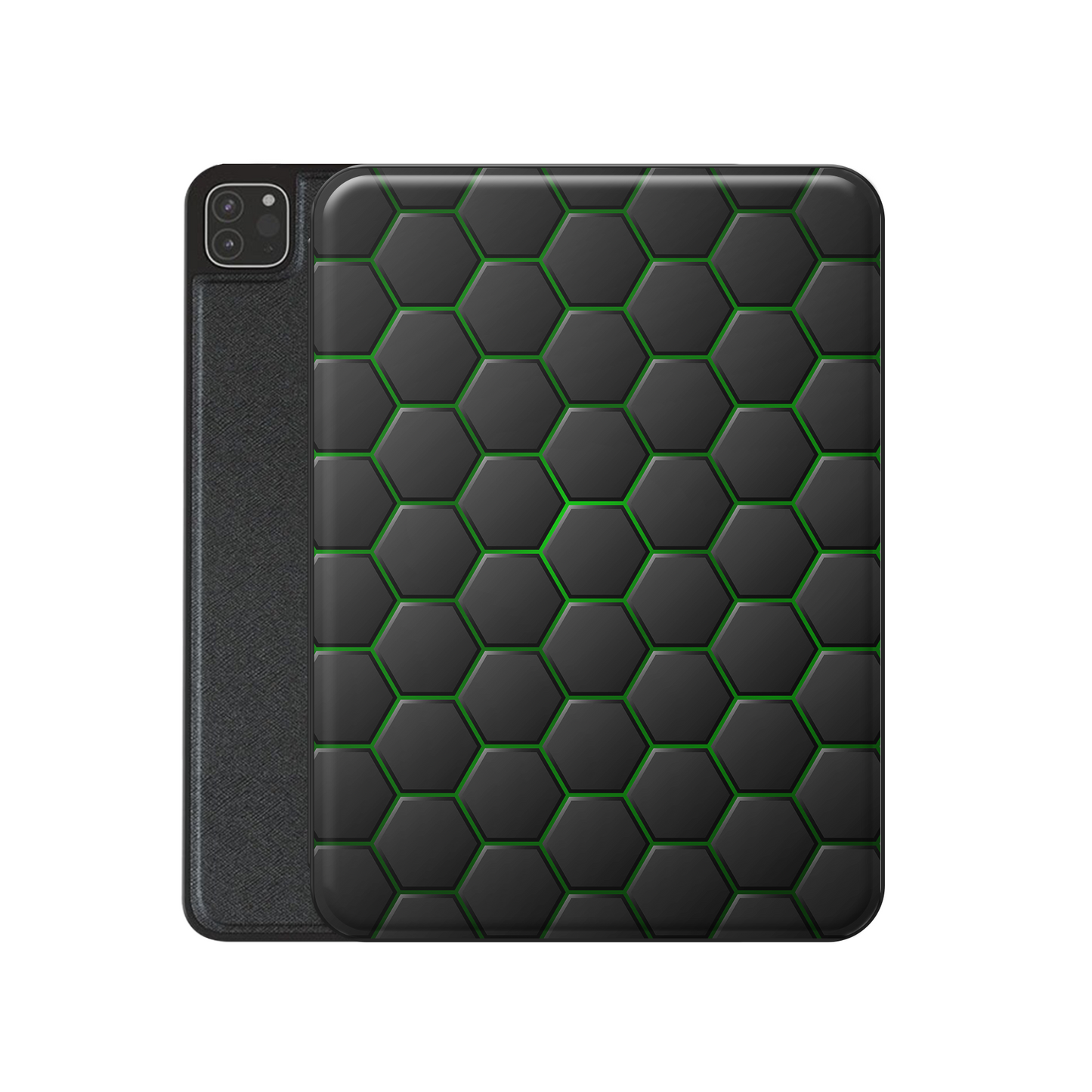 Emerald Pulse Apple iPad case with matte black and green geometric design, vegan Saffiano leather exterior, Apple Pencil holder and slim protective build.