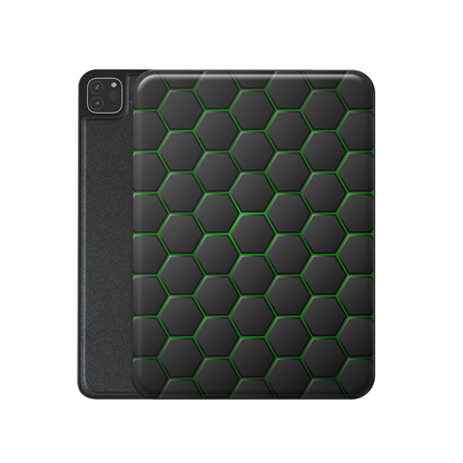 Emerald Pulse Apple iPad case with matte black and green geometric design, vegan Saffiano leather exterior, Apple Pencil holder and slim protective build.