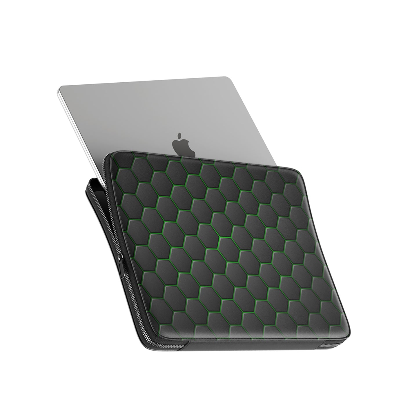 Emerald Pulse laptop case with black hexagon pattern and green accents, shown as a slim padded protective laptop sleeve.