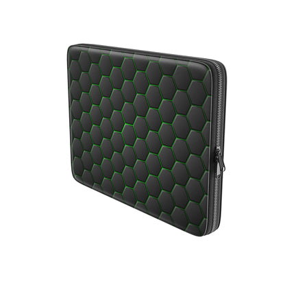 Emerald Pulse laptop case with black hexagon pattern and green accents, shown as a slim padded protective laptop sleeve.