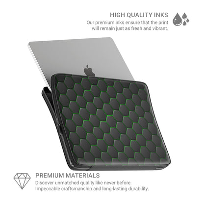 Emerald Pulse laptop case with black hexagon pattern and green accents, shown as a slim padded protective laptop sleeve.
