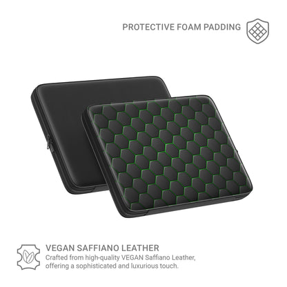Emerald Pulse laptop case with black hexagon pattern and green accents, shown as a slim padded protective laptop sleeve.