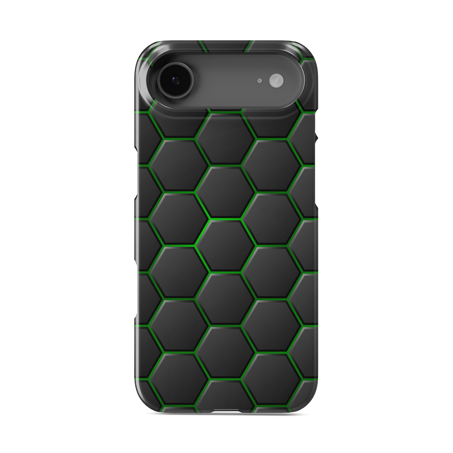 Emerald Pulse snap phone case with green neon hexagon pattern on a dark geometric background