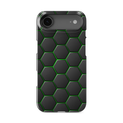 Emerald Pulse snap phone case with green neon hexagon pattern on a dark geometric background
