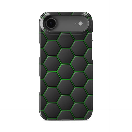 Emerald Pulse snap phone case with green neon hexagon pattern on a dark geometric background