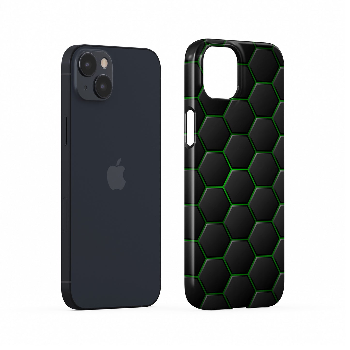 Emerald Pulse snap phone case with green neon hexagon pattern on a dark geometric background