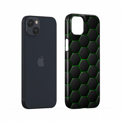 Emerald Pulse snap phone case with green neon hexagon pattern on a dark geometric background