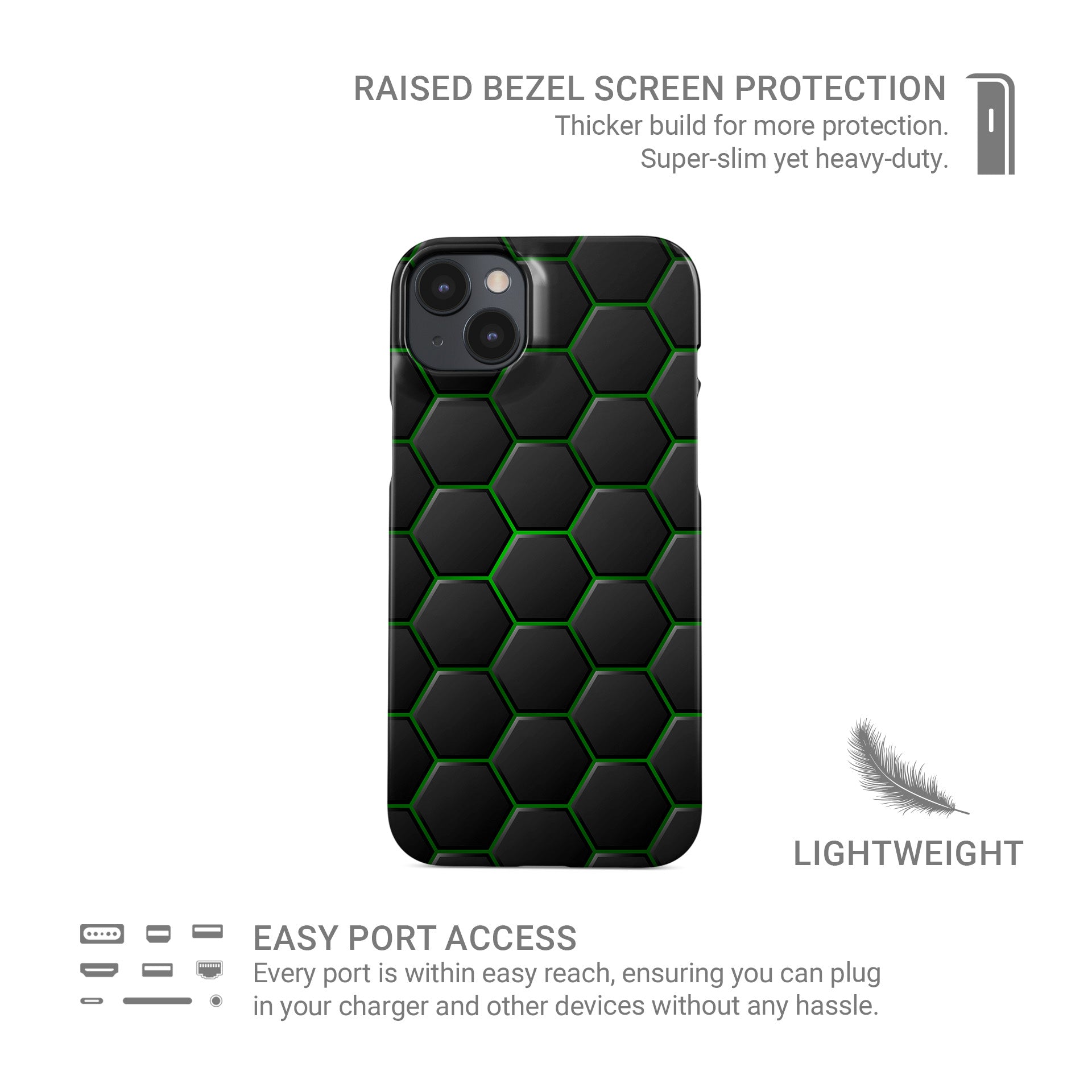 Emerald Pulse snap phone case with green neon hexagon pattern on a dark geometric background