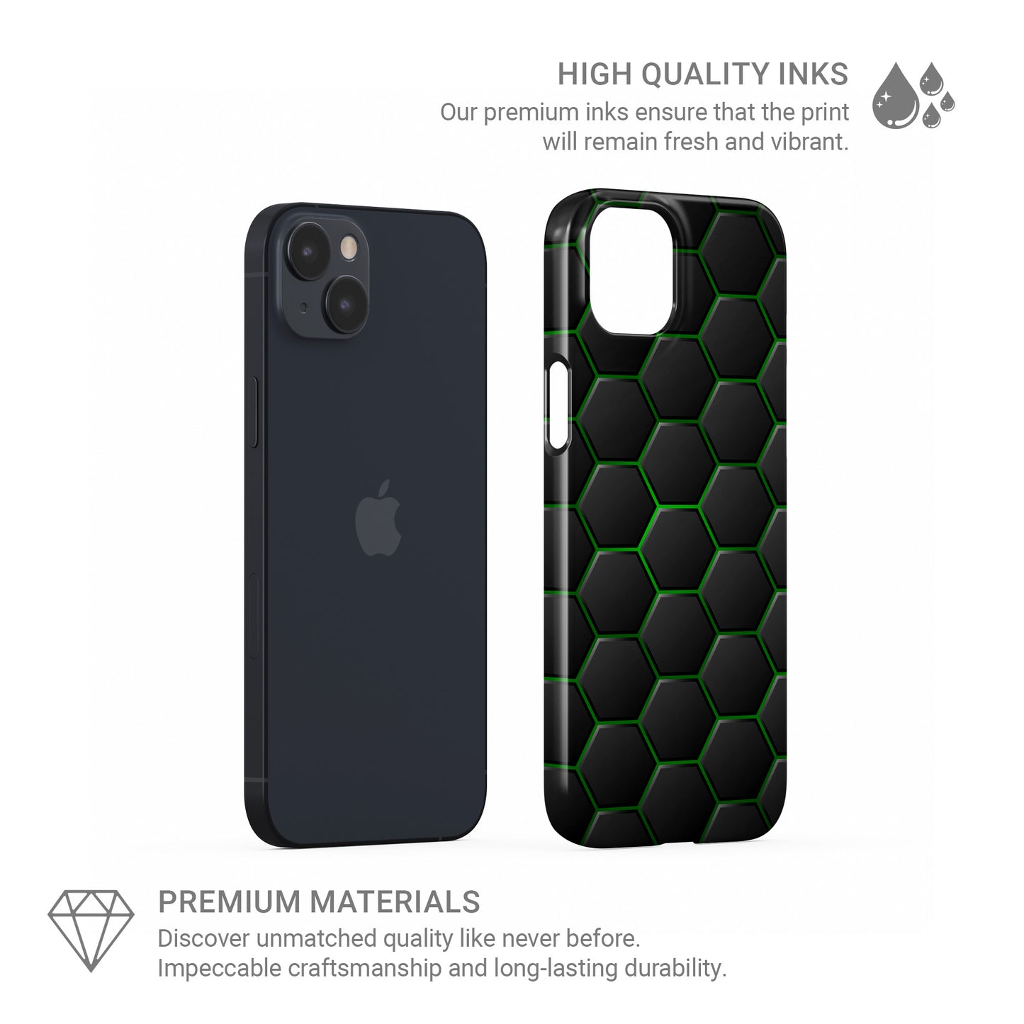 Emerald Pulse snap phone case with green neon hexagon pattern on a dark geometric background