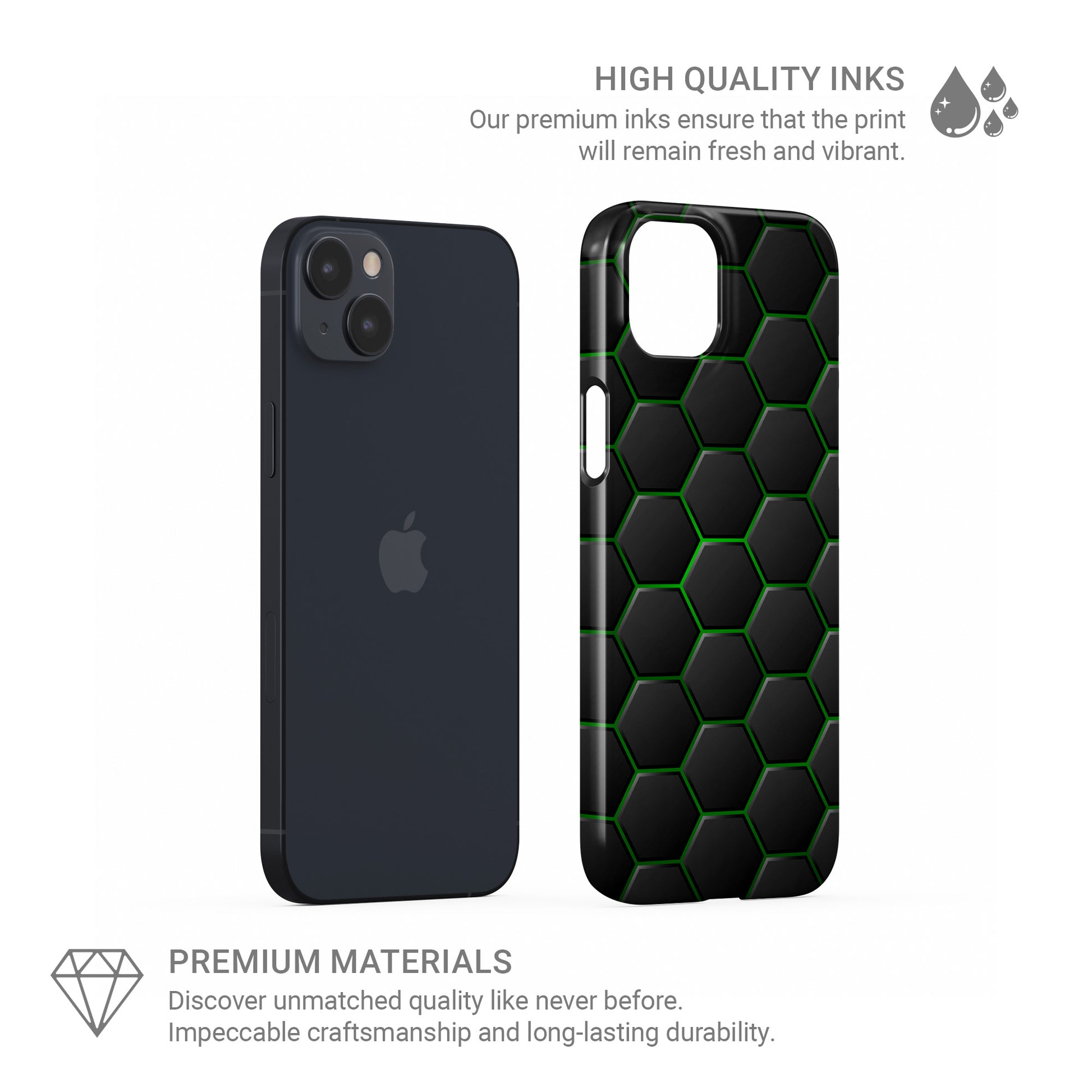 Emerald Pulse snap phone case with green neon hexagon pattern on a dark geometric background