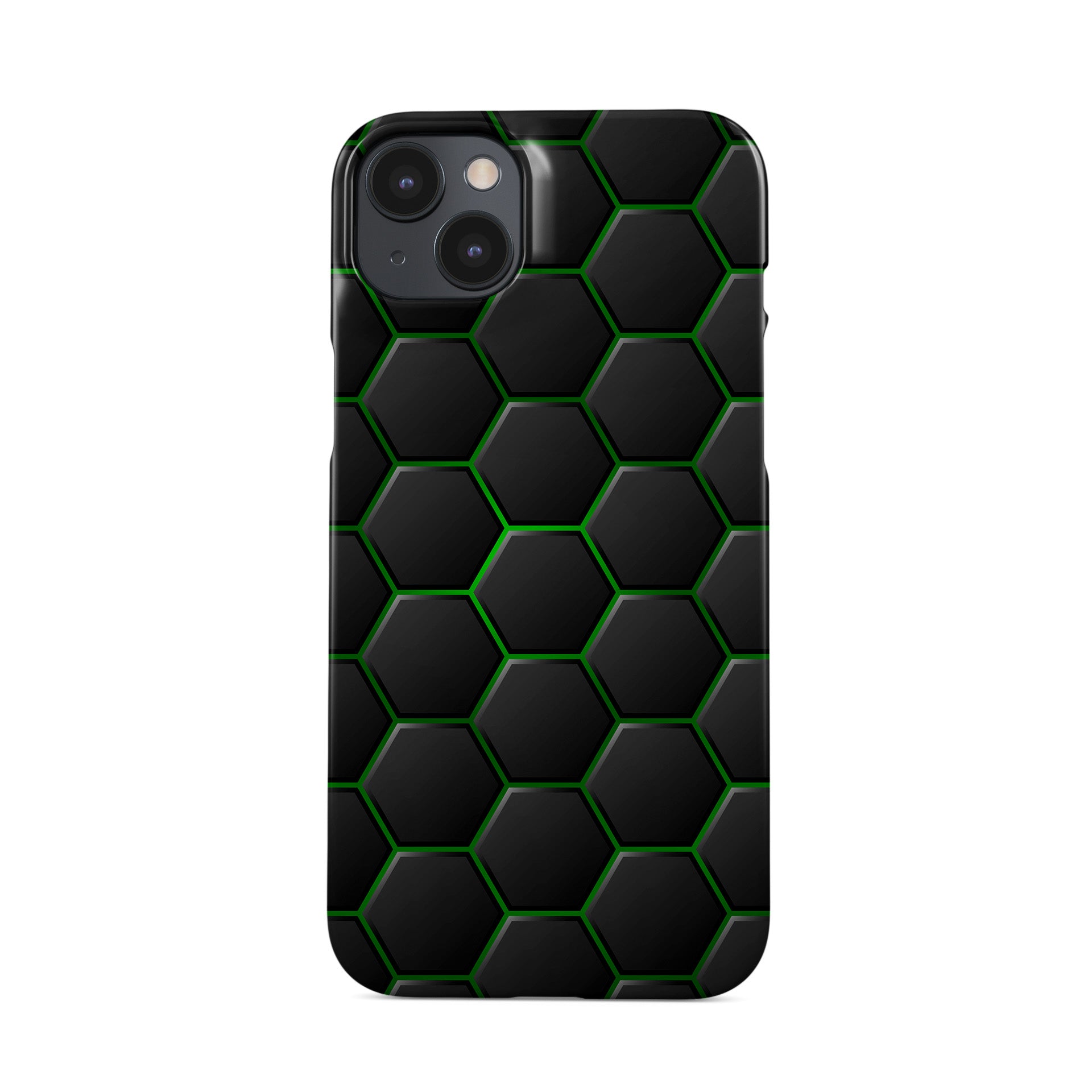 Emerald Pulse snap phone case with green neon hexagon pattern on a dark geometric background