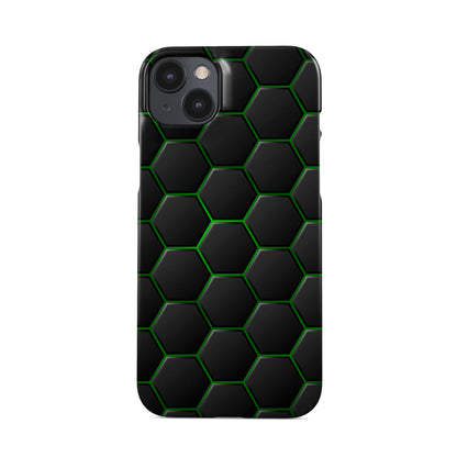 Emerald Pulse snap phone case with green neon hexagon pattern on a dark geometric background