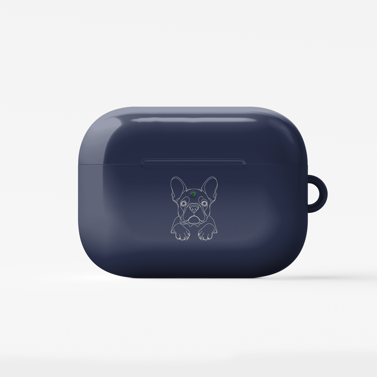 Closed Midnight Blue AirPods case with a printed French Bulldog portrait and a side attachment loop.