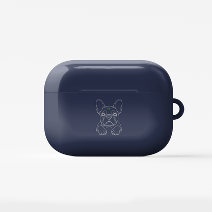 Closed Midnight Blue AirPods case with a printed French Bulldog portrait and a side attachment loop.