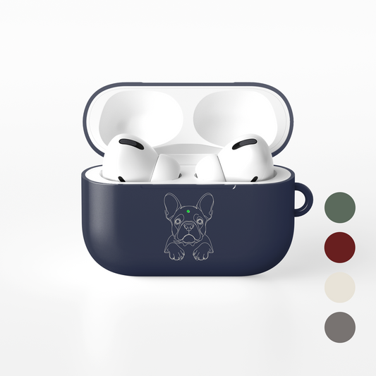 Midnight Blue French Bulldog line art AirPods case shown open with white earbuds and four alternative colour swatches.