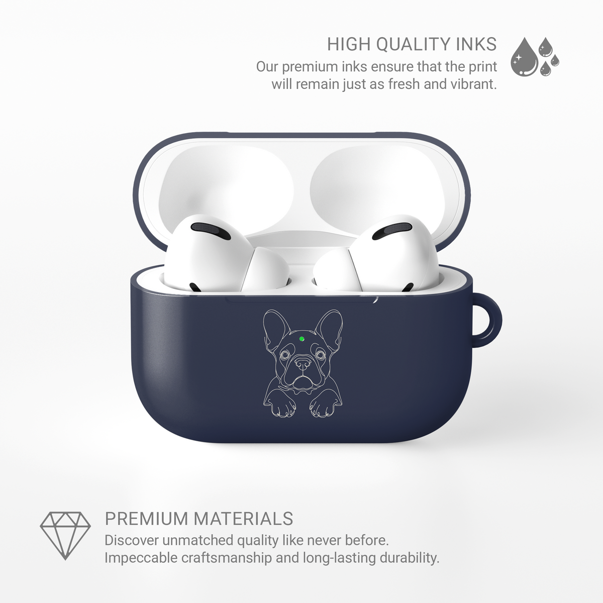 Open Midnight Blue French Bulldog AirPods case with white earbuds, shown in an infographic about the print and case materials.