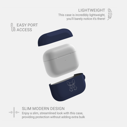 Midnight Blue French Bulldog AirPods case in an exploded view showing the lid, white charging case and printed lower shell.