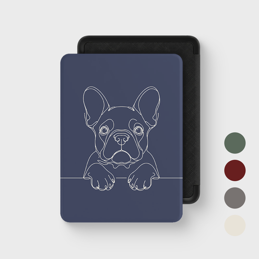French Bulldog line art Kindle case in Midnight Blue — closed front cover with colour swatches.