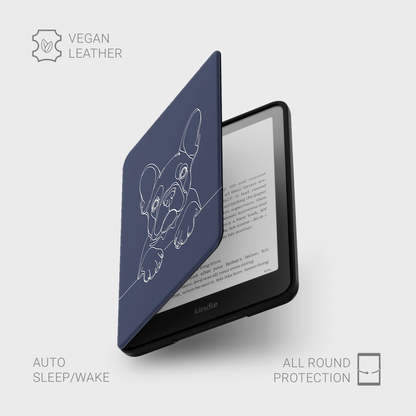 French Bulldog line art Kindle case in Midnight Blue — partly open cover showing the Kindle screen.