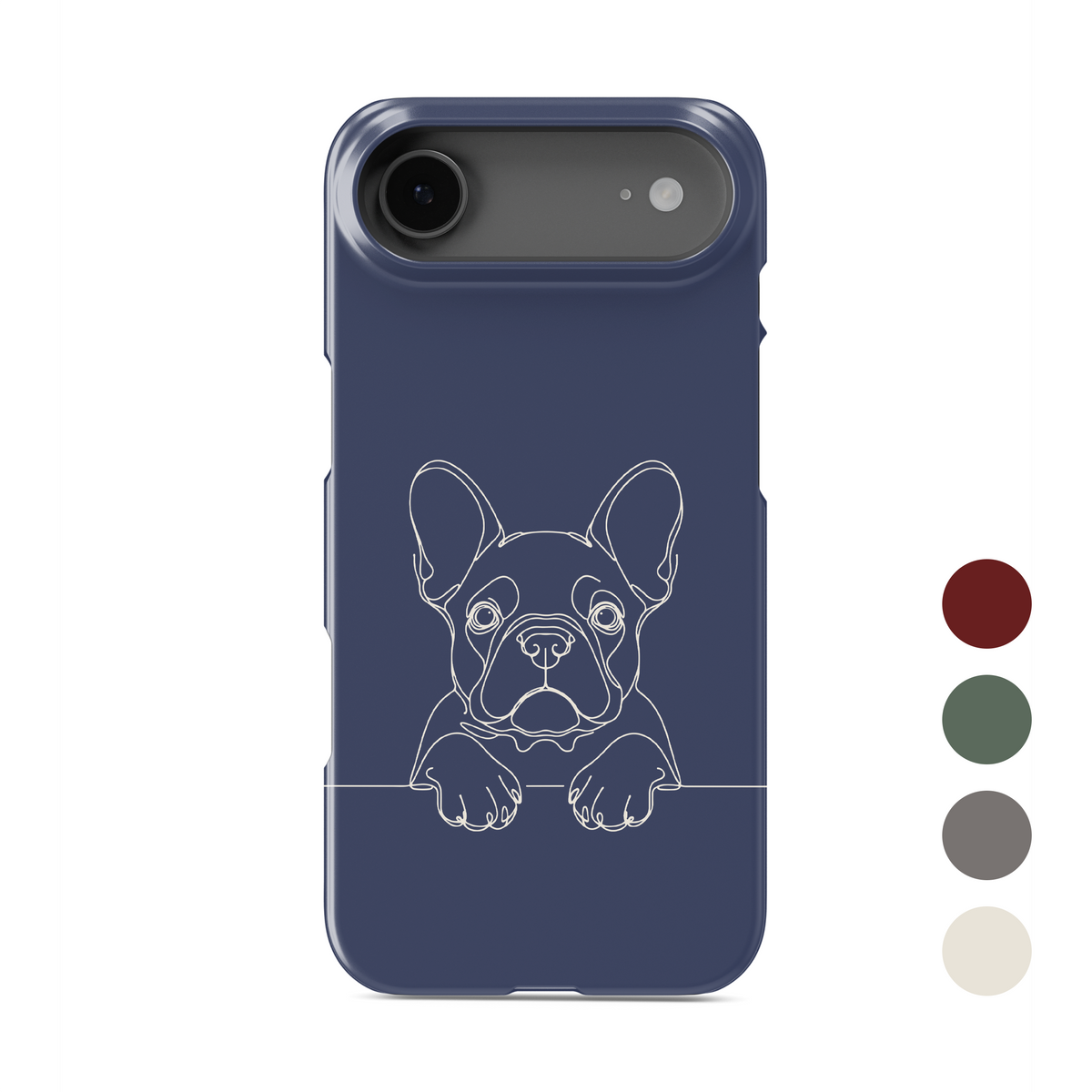 Blue Snap phone case with a pale French Bulldog line drawing and paws resting on a fine horizontal line.
