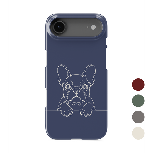 Blue Snap phone case with a pale French Bulldog line drawing and paws resting on a fine horizontal line.