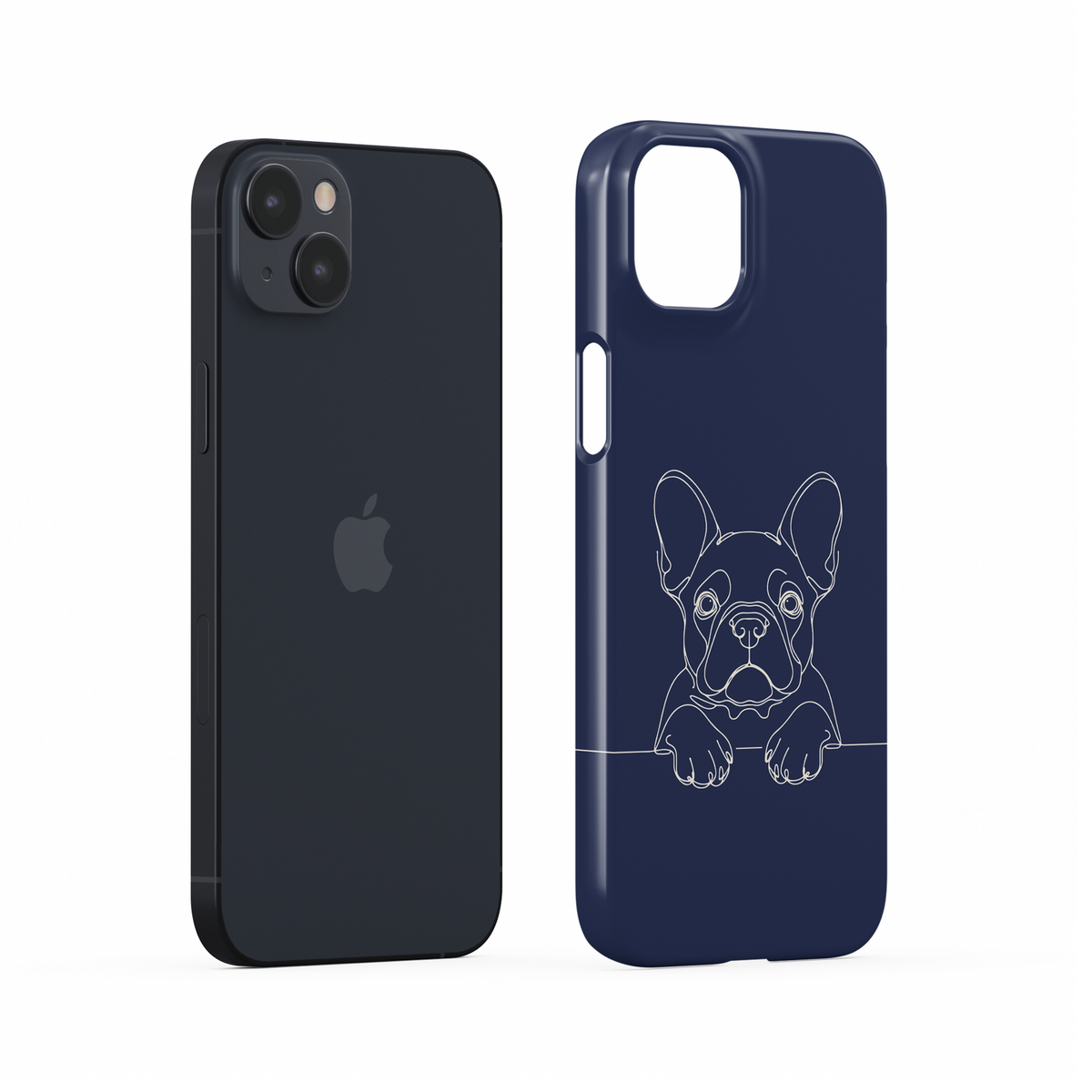 Blue Snap phone case with a pale French Bulldog line drawing and paws resting on a fine horizontal line.