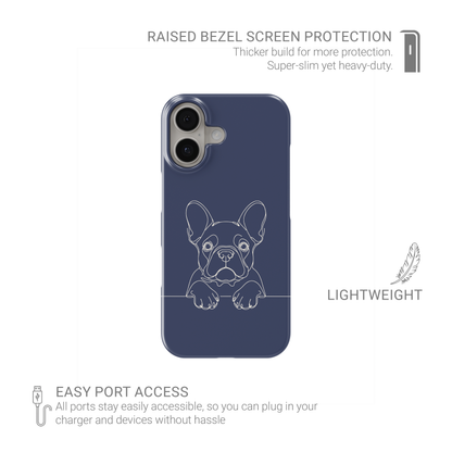 Blue Snap phone case with a pale French Bulldog line drawing and paws resting on a fine horizontal line.