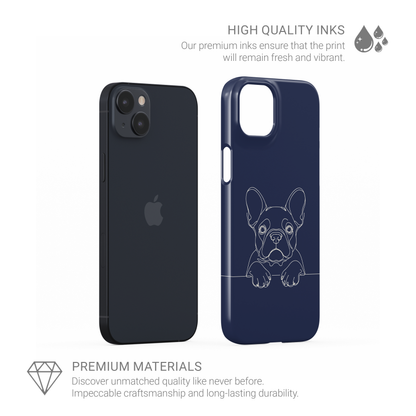 Blue Snap phone case with a pale French Bulldog line drawing and paws resting on a fine horizontal line.