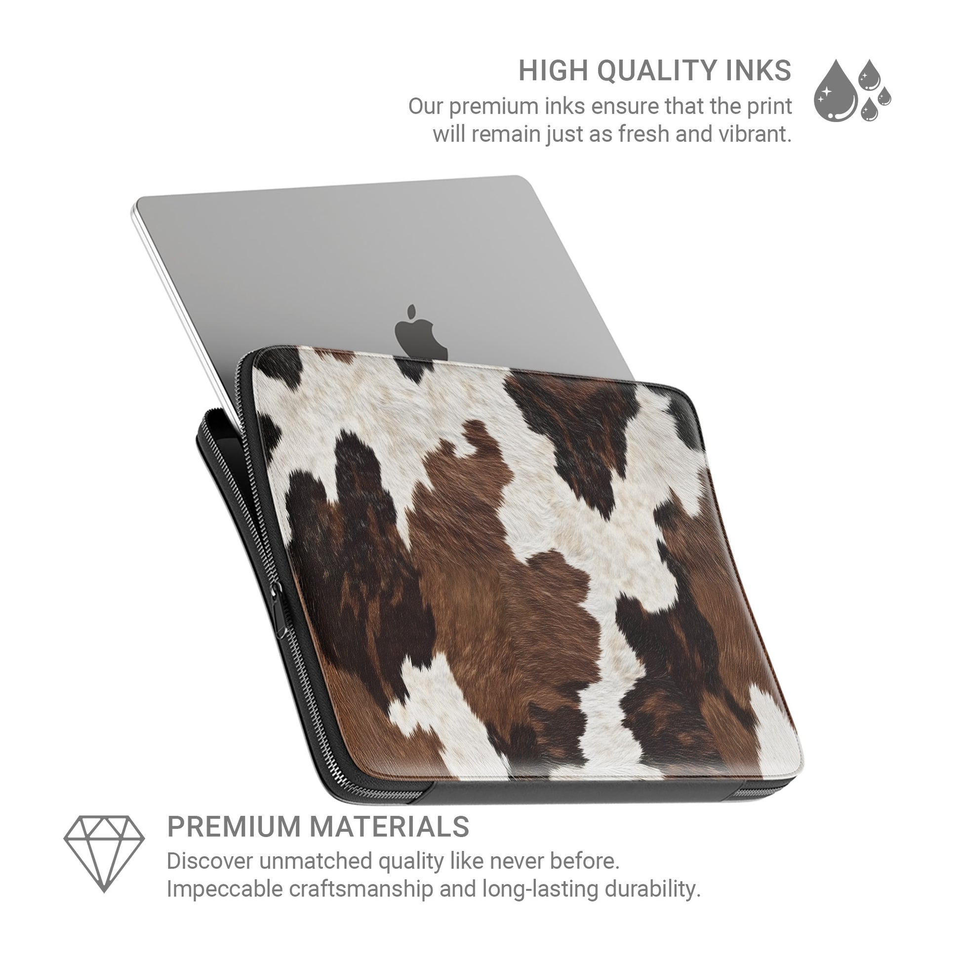 Brown and cream cow hide pattern on Hide & Seek laptop sleeve with rustic animal print texture