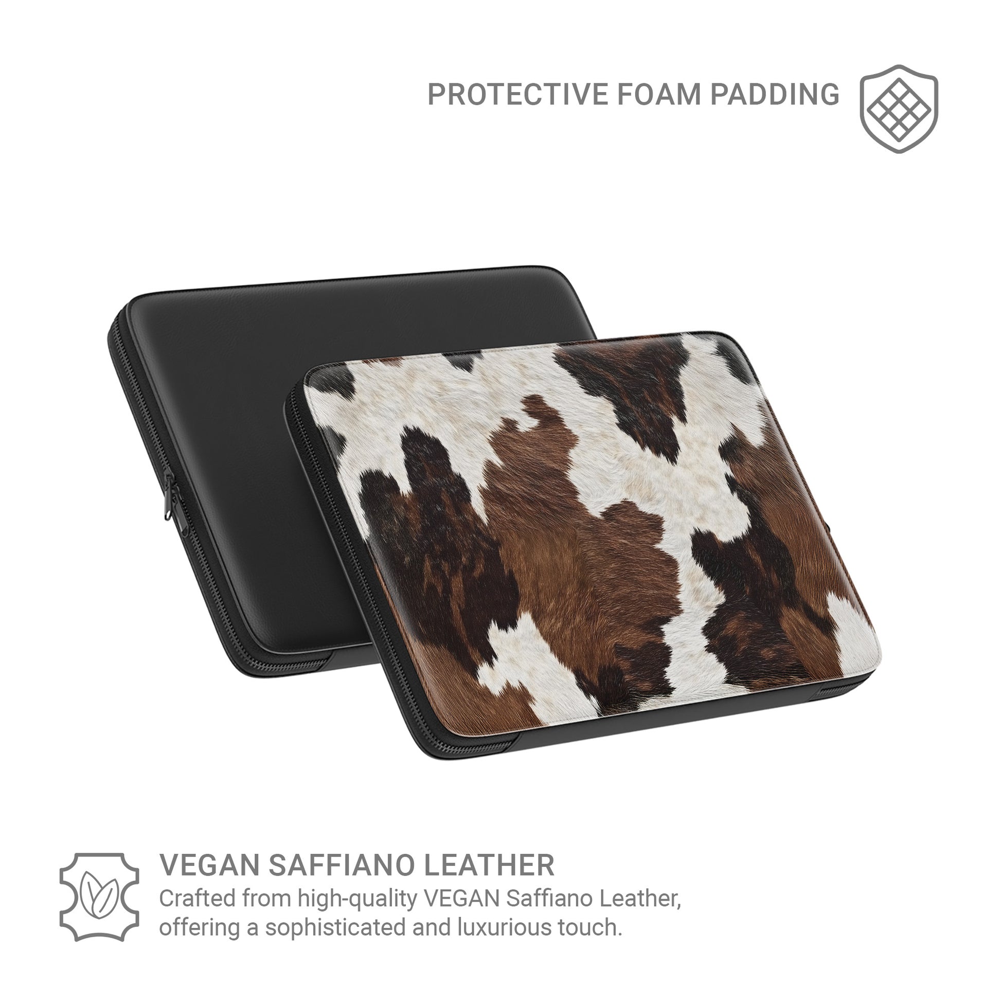 Brown and cream cow hide pattern on Hide & Seek laptop sleeve with rustic animal print texture