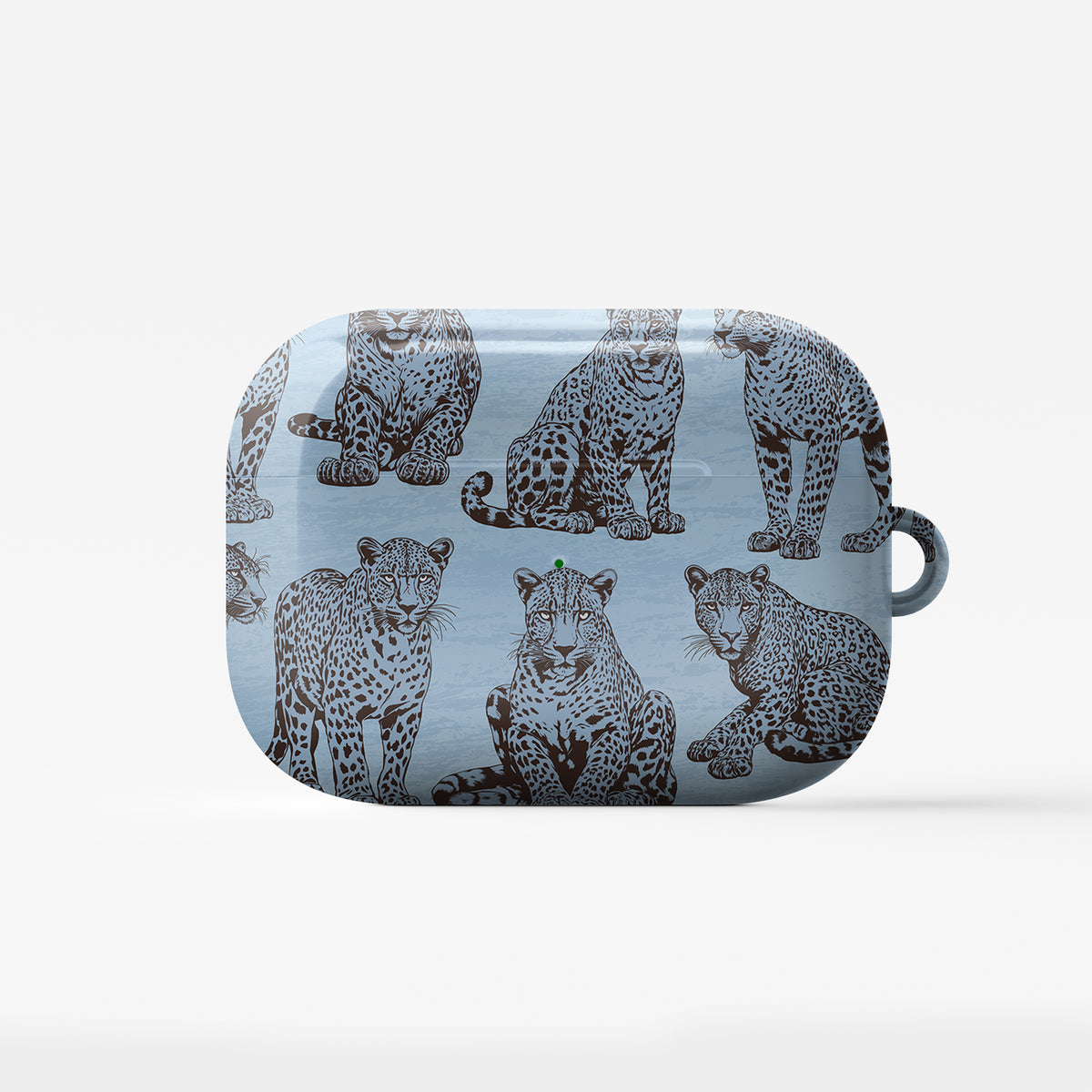 Dappled Darling AirPods Case with illustrated chocolate-brown leopards on powder blue from the Wild Atelier collection.