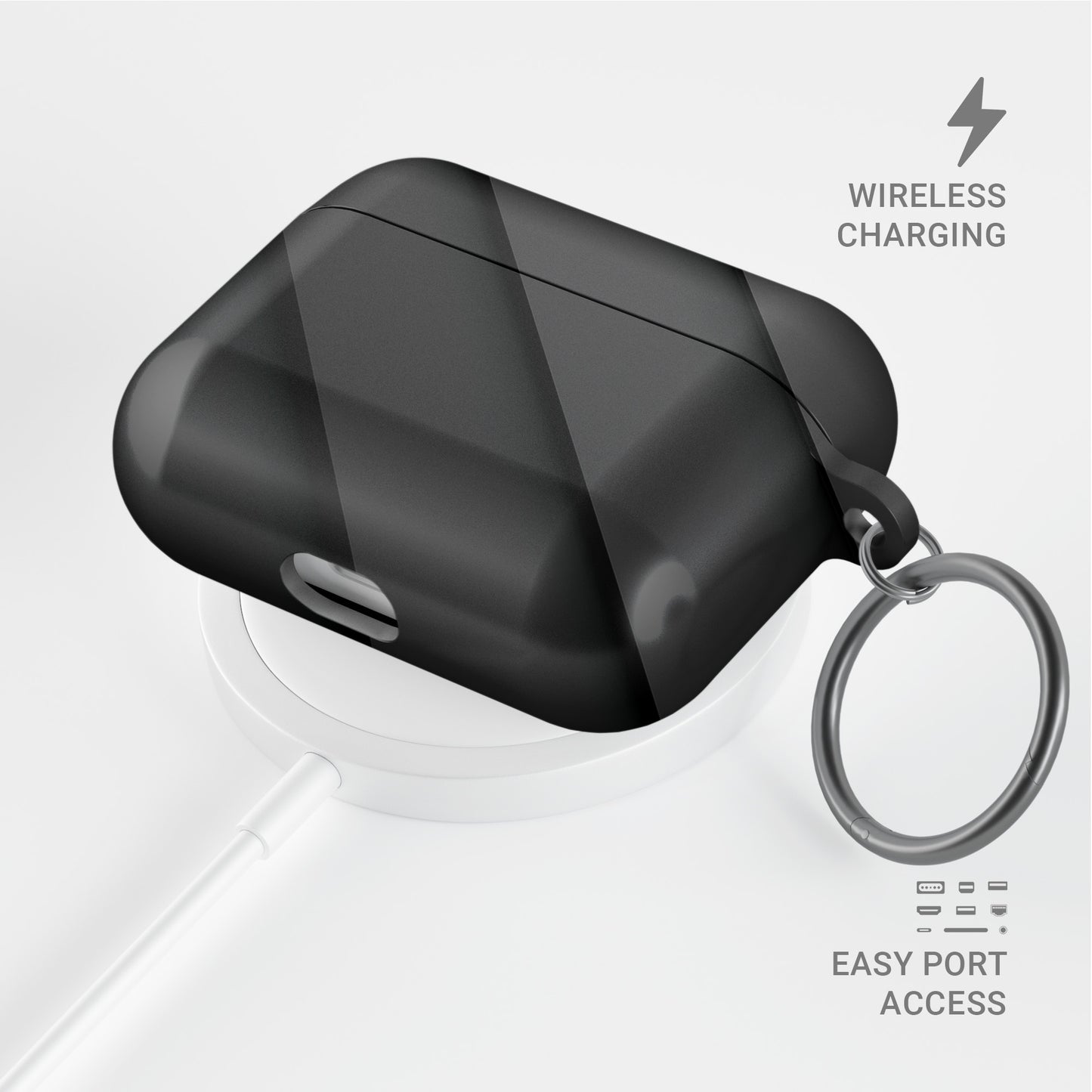Midnight Panels AirPods tough case with smooth diagonal panel print and glossy black finish
