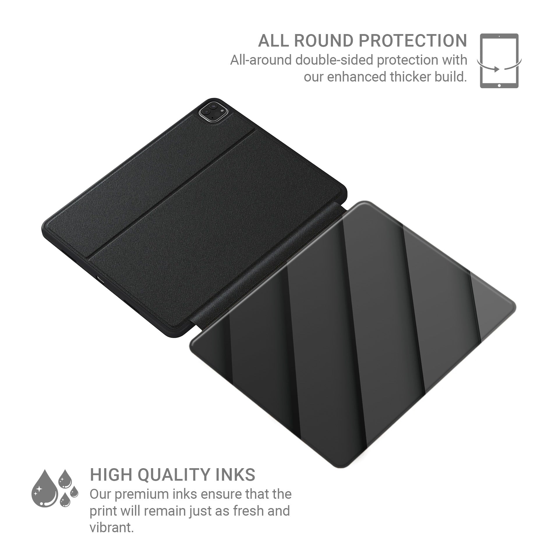 Midnight Panels Apple iPad case with diagonal panel design, vegan Saffiano leather exterior and slim folio style with Apple Pencil holder