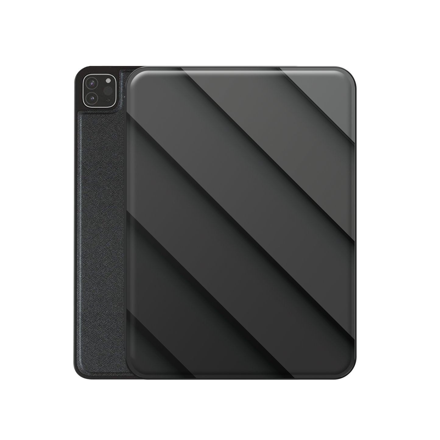 Midnight Panels Apple iPad case with diagonal panel design, vegan Saffiano leather exterior and slim folio style with Apple Pencil holder