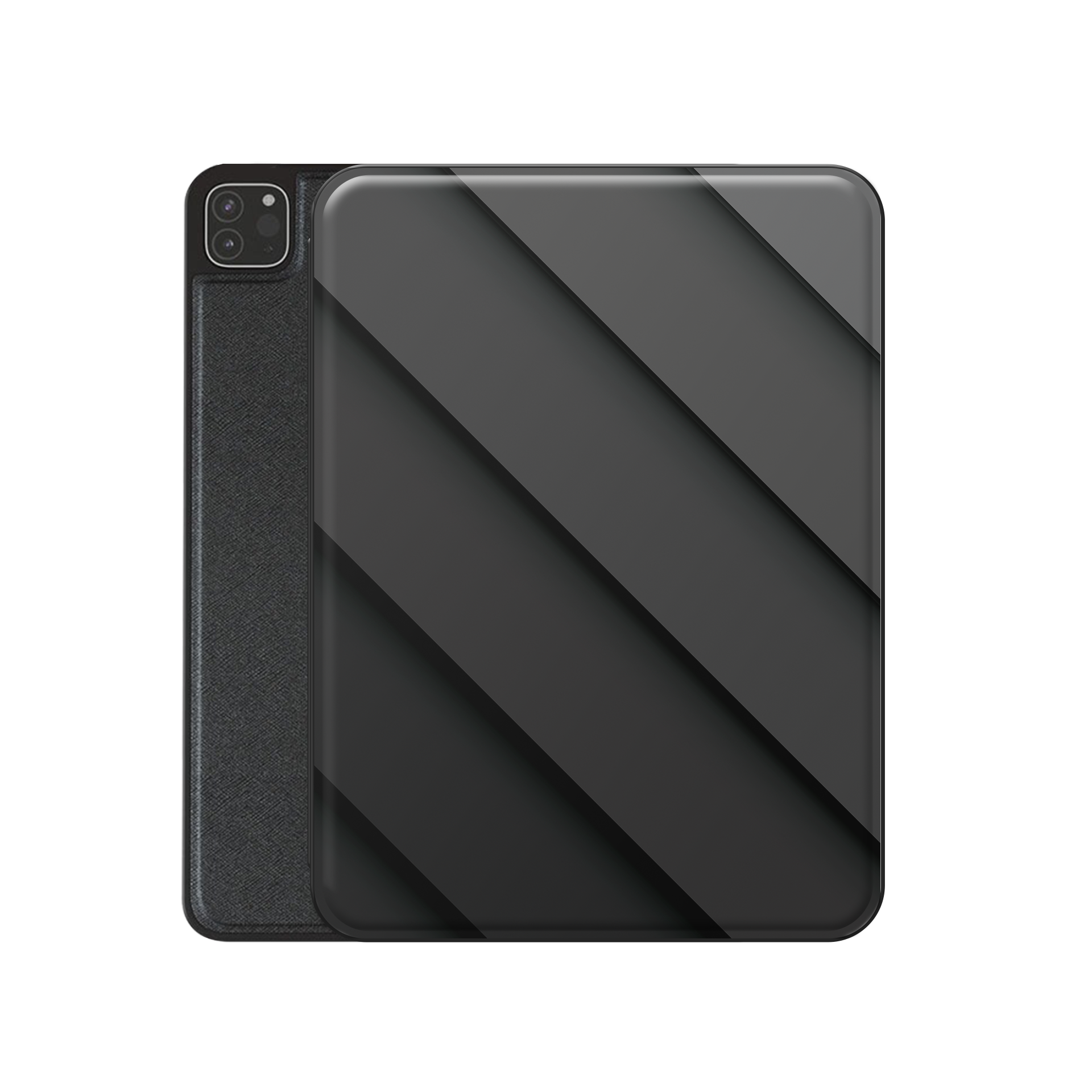 Midnight Panels Apple iPad case with diagonal panel design, vegan Saffiano leather exterior and slim folio style with Apple Pencil holder