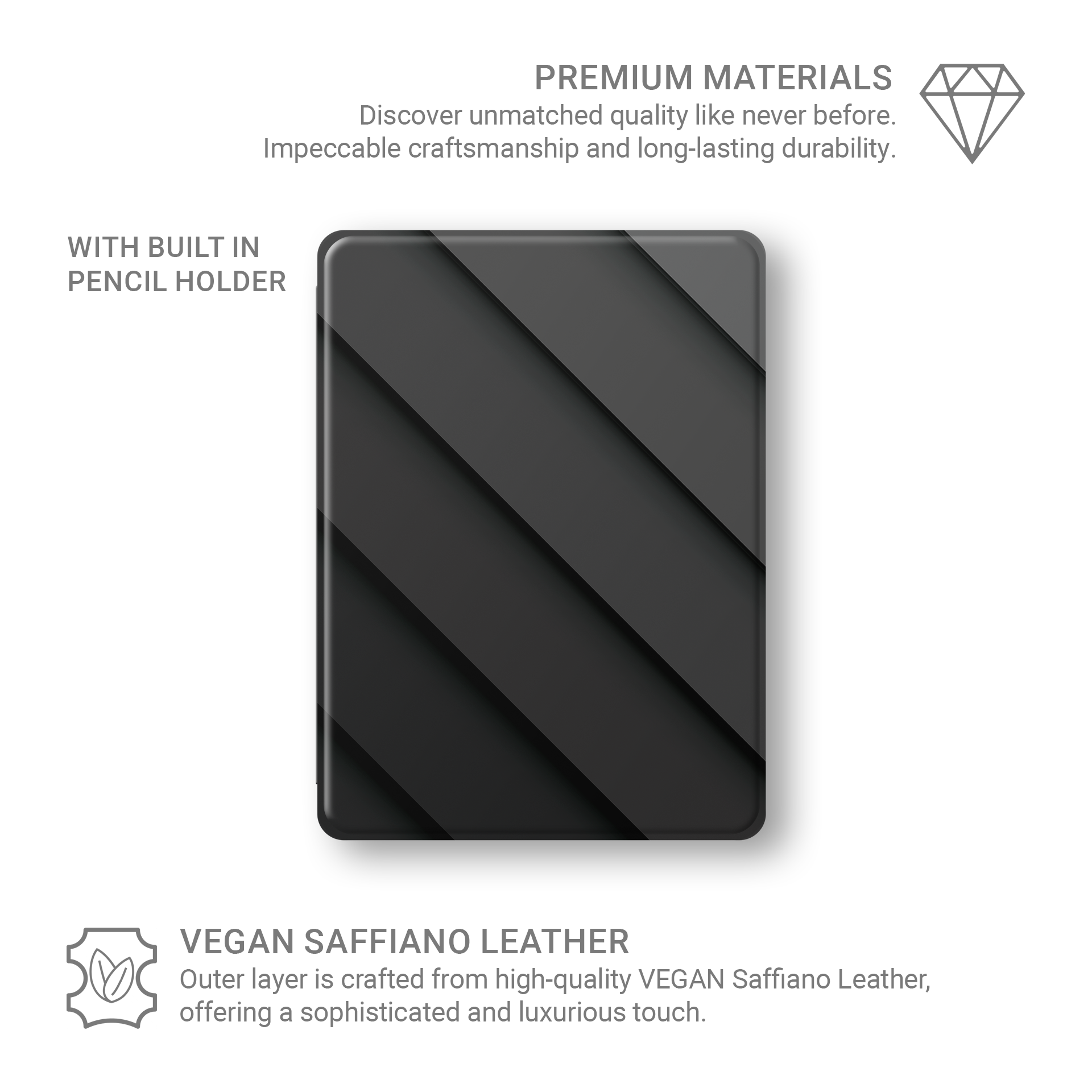 Midnight Panels Apple iPad case with diagonal panel design, vegan Saffiano leather exterior and slim folio style with Apple Pencil holder