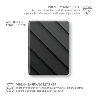 Midnight Panels Apple iPad case with diagonal panel design, vegan Saffiano leather exterior and slim folio style with Apple Pencil holder