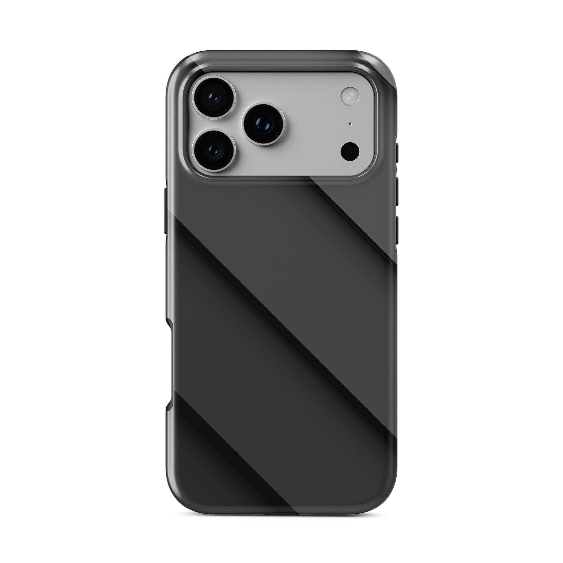Black diagonal panel pattern printed on a glossy dual-layer MagSafe tough phone case with a sleek minimalist design.