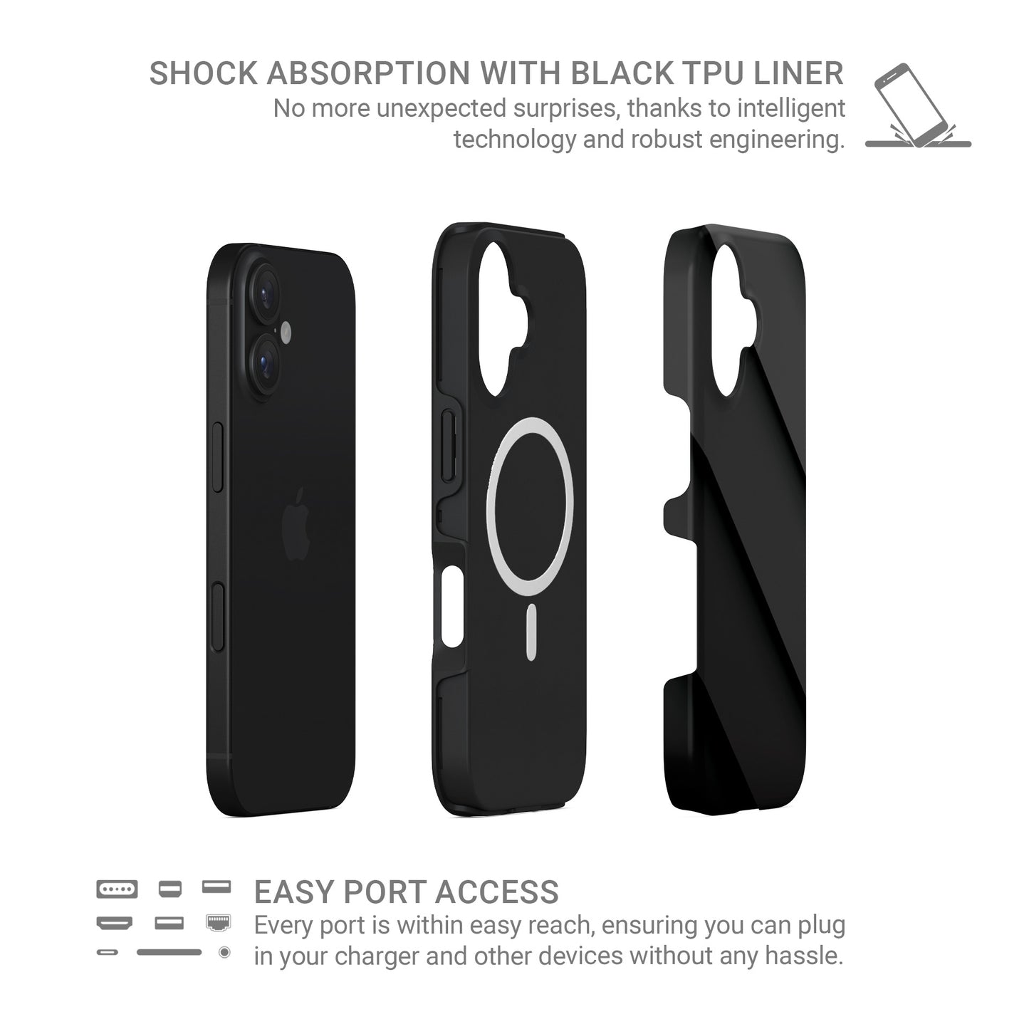 Black diagonal panel pattern printed on a glossy dual-layer MagSafe tough phone case with a sleek minimalist design.