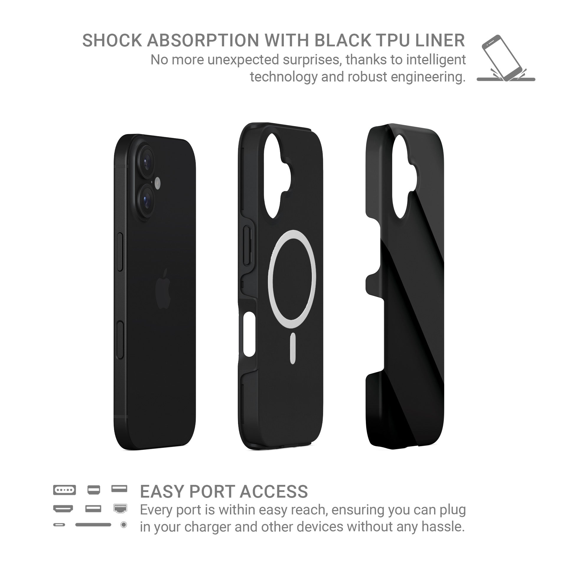 Black diagonal panel pattern printed on a glossy dual-layer MagSafe tough phone case with a sleek minimalist design.