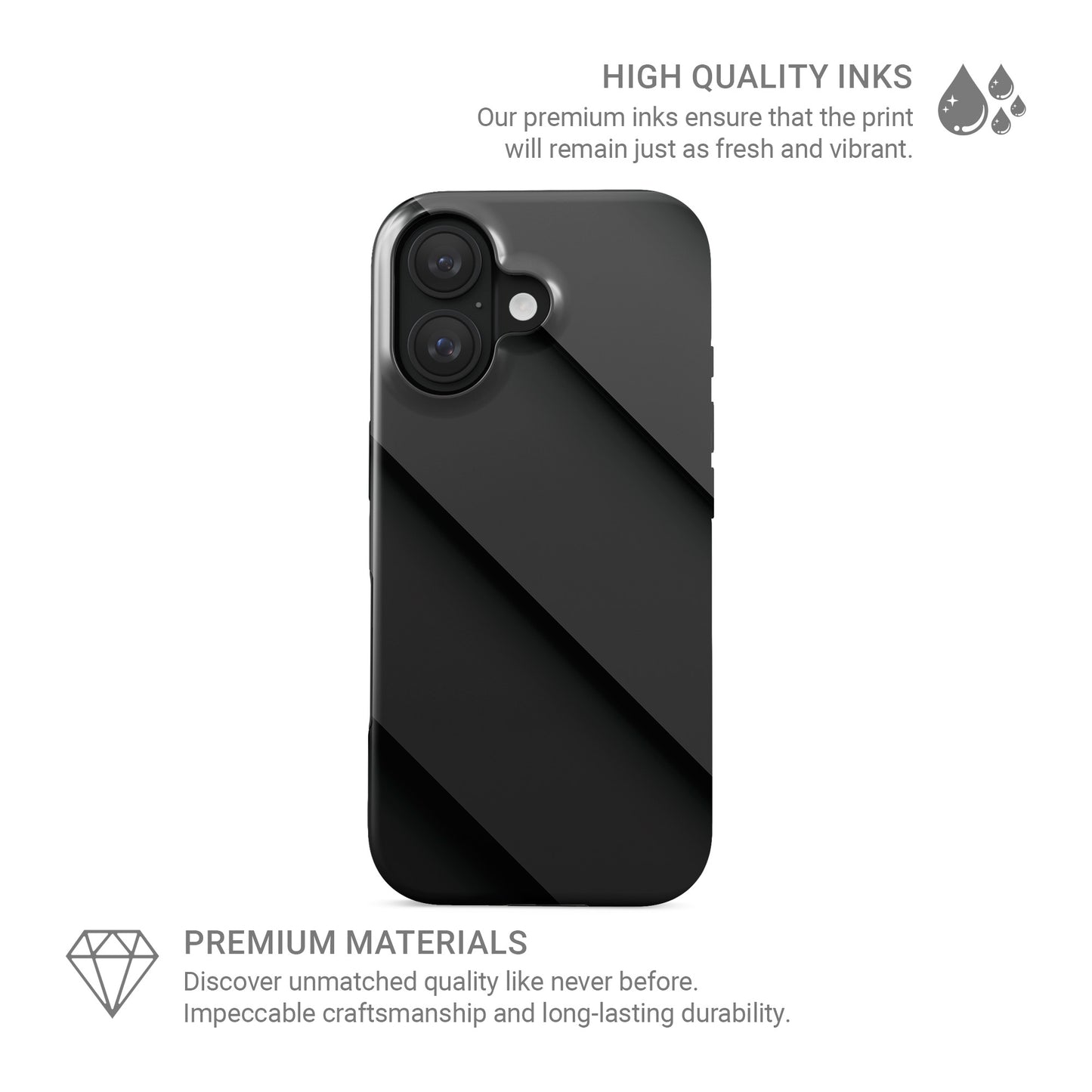 Black diagonal panel pattern printed on a glossy dual-layer MagSafe tough phone case with a sleek minimalist design.