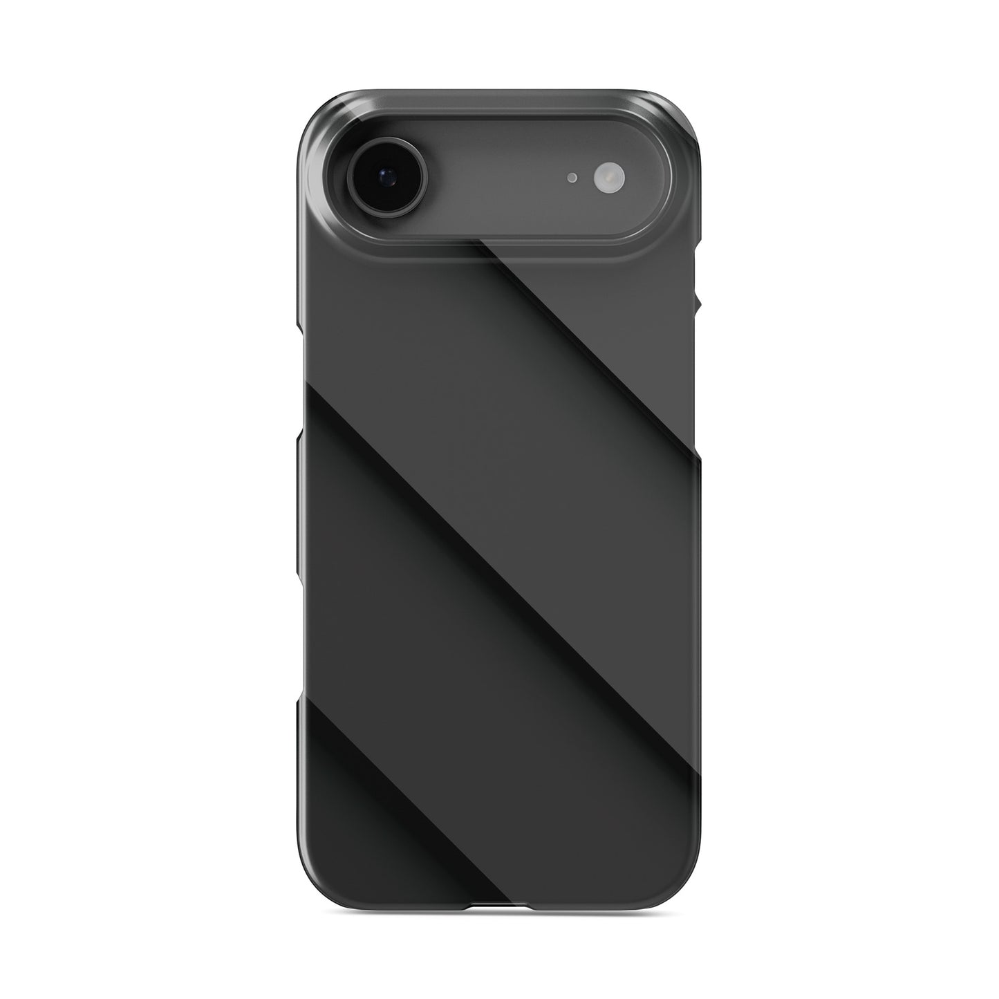 Smooth diagonal layered-panel artwork printed on a glossy slim snap phone case in matte black tones.