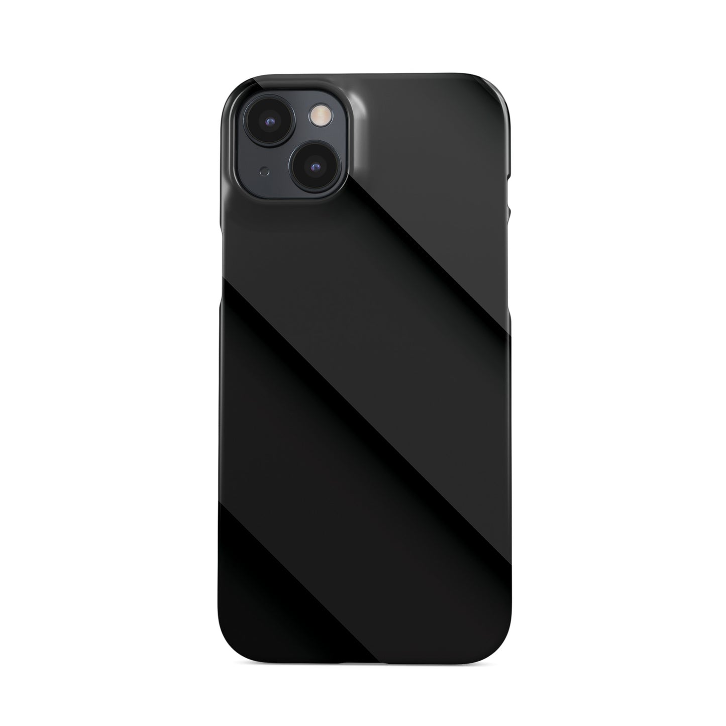 Smooth diagonal layered-panel artwork printed on a glossy slim snap phone case in matte black tones.